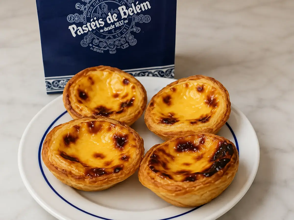 Cuatro pastéis de Belém sobre un plato junto a una caja de la pastelería